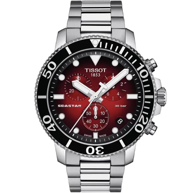 【TISSOT 天梭 官方授權】Seastar 1000 海洋之星300米潛水三眼計時錶-紅/45mm 送禮 推薦(T1204171142100)