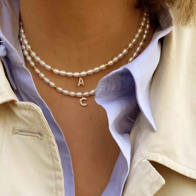 【CReAM】Diana 天然珍珠相間金色小圓珠 亮鑽英文字母項鍊鍍18K金色女項鍊(生日 禮物 送禮 禮盒