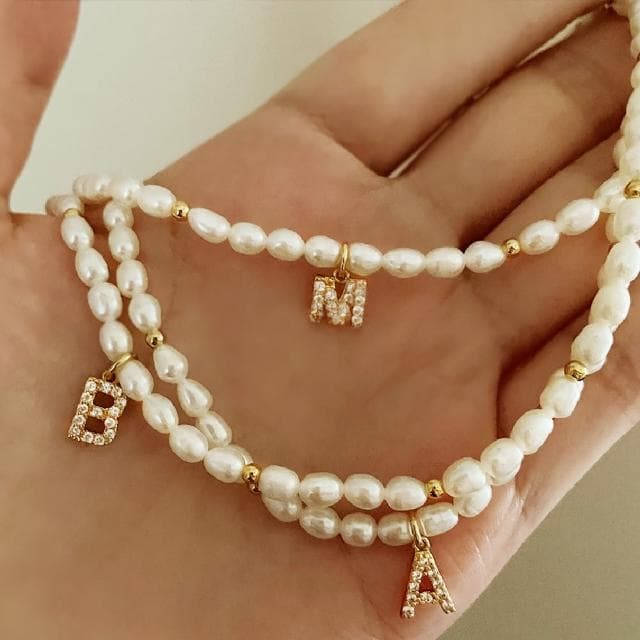 【CReAM】Diana 天然珍珠相間金色小圓珠 亮鑽英文字母項鍊鍍18K金色女項鍊(生日 禮物 送禮 禮盒