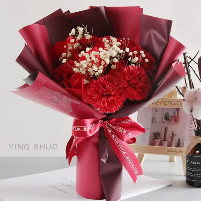 【YING SHUO】母親節康乃馨永不凋花花束 粉色(母親節花束 媽媽禮物 香皂花不凋零 贈精美提袋)