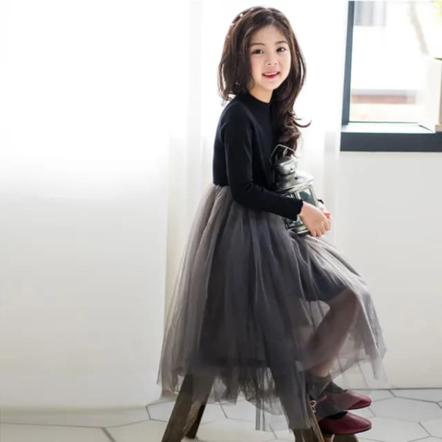 【橘魔法】厚款木耳邊黑拼灰紗裙長袖洋裝(大童 連身裙 澎澎裙 連衣裙 刷毛 加厚 女童 兒童 童裝)