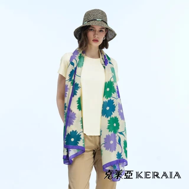 【KERAIA 克萊亞】青黛織錦雙色印花披肩