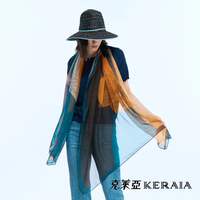 【KERAIA 克萊亞】流彩拼接色塊花卉雪紗披肩(兩色)