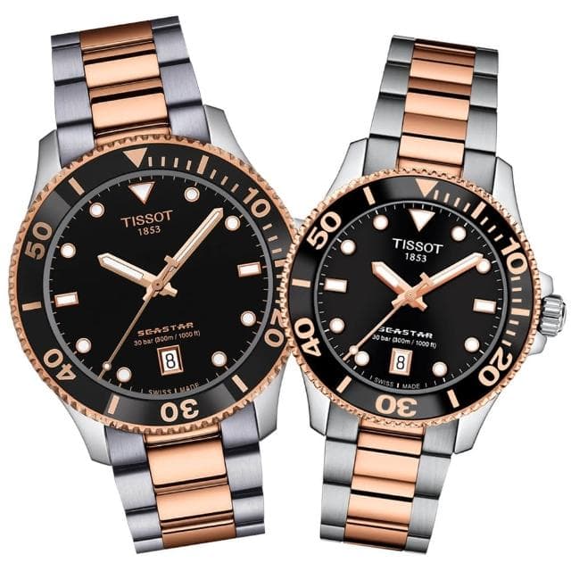 【TISSOT 天梭 官方授權】SEASTAR 1000 潛水石英對錶 母親節 禮物 推薦(T1204102205101+T1202102205101)