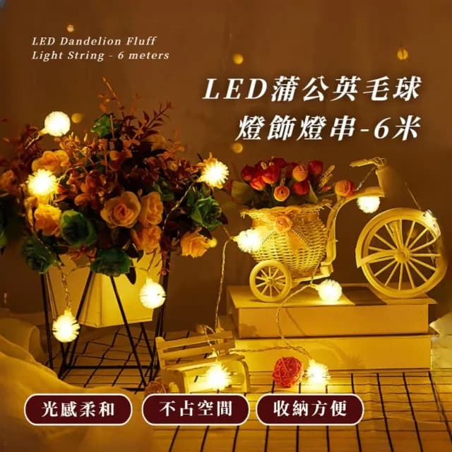 【滿屋閃耀】LED蒲公英毛球燈飾燈串-6米(聖誕燈 派對 佈置 晚會 求婚 生日 禮物 氣氛燈 夜燈 戶外 露營)