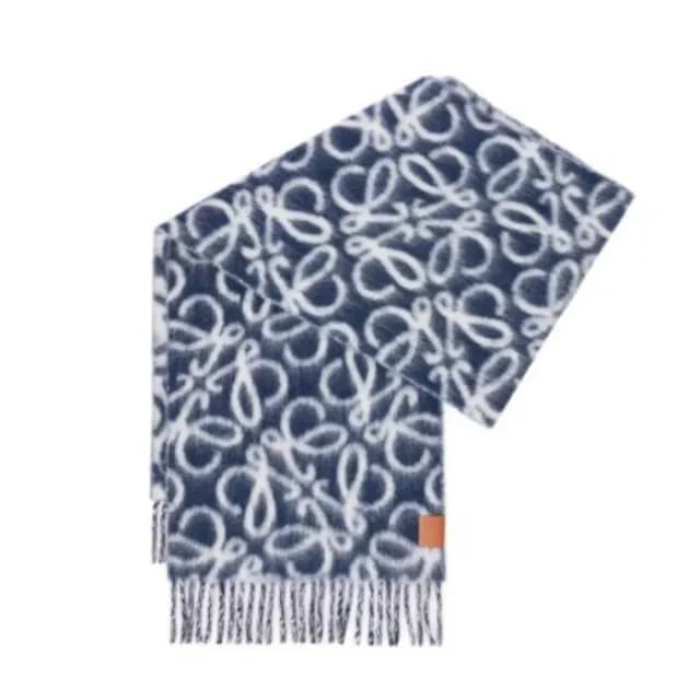 【LOEWE 羅威】Anagram 羊駝毛 羊毛 米白/海軍藍 緹花 圍巾 流蘇(New Arrival)