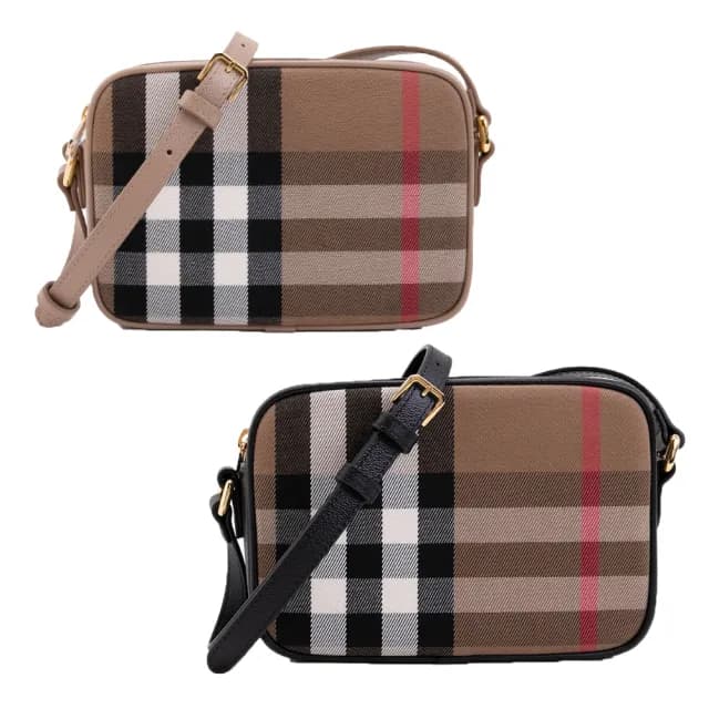 【BURBERRY 巴寶莉】格紋拼接皮革斜背相機包(多色可選)
