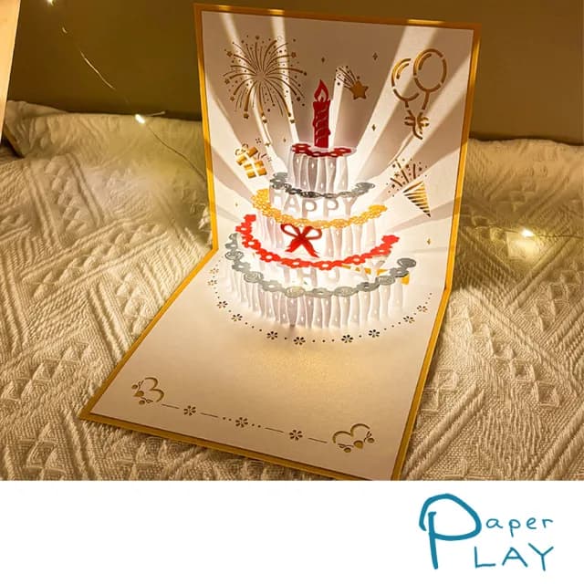 【Paper Play】生日卡片 立體賀卡/生日卡片-3D立體音樂燈光撞色裝飾蛋糕造型卡片(4色任選)