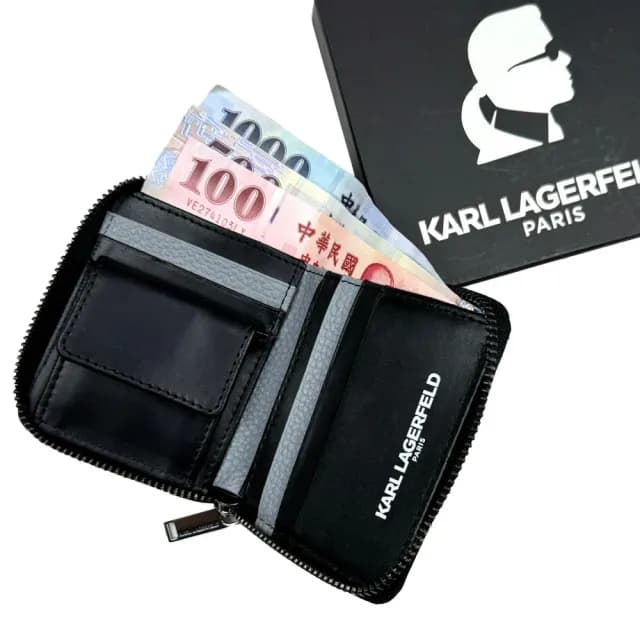 【KARL LAGERFELD 卡爾】卡爾 拉鍊皮夾 附盒 真皮皮夾 羊皮 零錢袋  錢包 生日禮物 送禮(拉鍊皮夾1012CG3)