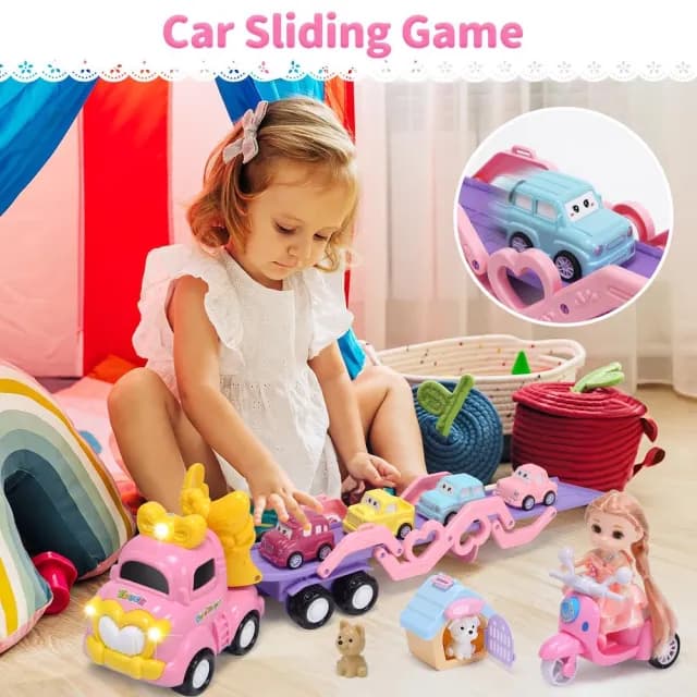 【CuteStone】仿真聲光粉紅公主三層運輸卡車套裝玩具(女孩玩具 玩具車 生日玩具 兒童益智玩具)