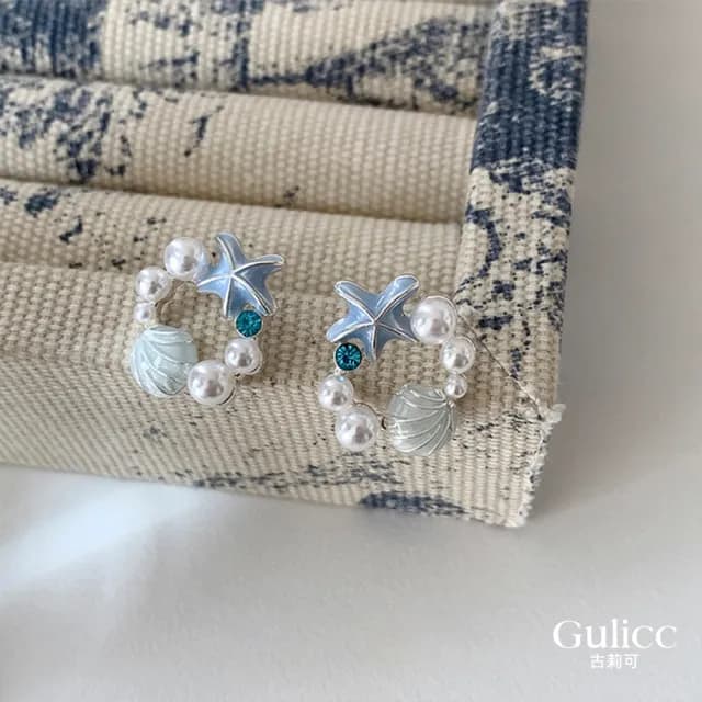 【Golicc】耳環 夏日清新 海藍貝殼海星 耳釘(七夕 情人節 生日 飾品 耳釘 耳飾 耳墜 禮物)