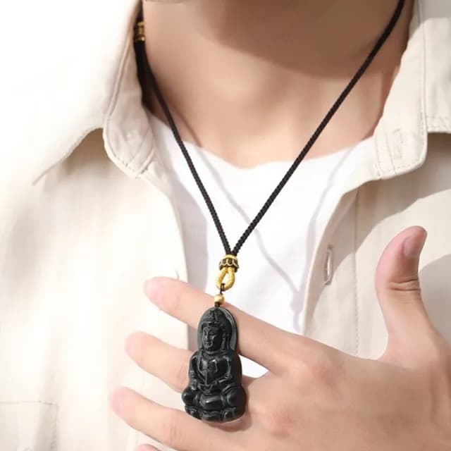 【LEEHER】男生/項鍊/飾品/和田玉/玉石/觀音像/佛像/吊墜/足金999/編繩項鍊/首飾/保平安/雕刻/