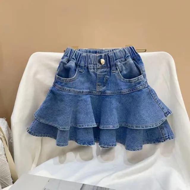 【橘魔法】荷葉層層裙擺牛仔裙(褲裙 短褲 短裙 牛仔短褲 丹寧 褲子 大童 女童 兒童 童裝)