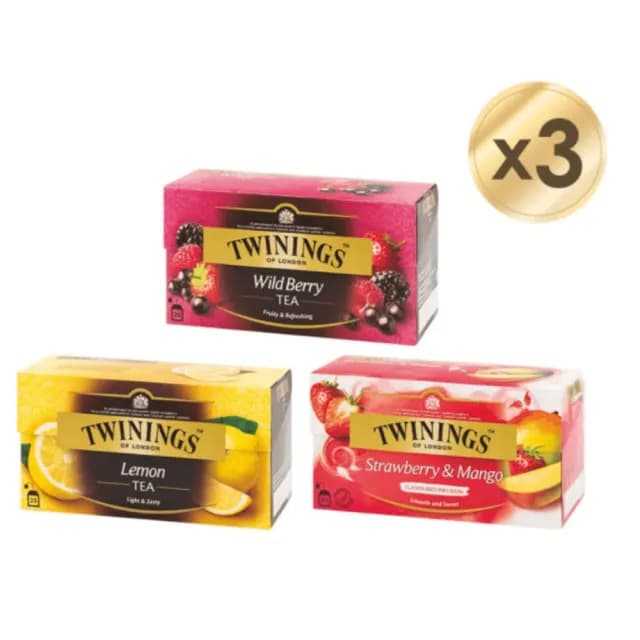 【Twinings 唐寧茶】茶包 25包x3盒(綜合野莓/檸檬茶/香草菊蜜)