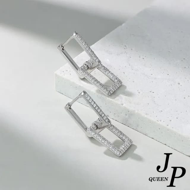 【Jpqueen】幾何鍊條方塊晶鑽交叉設計耳環(銀色)