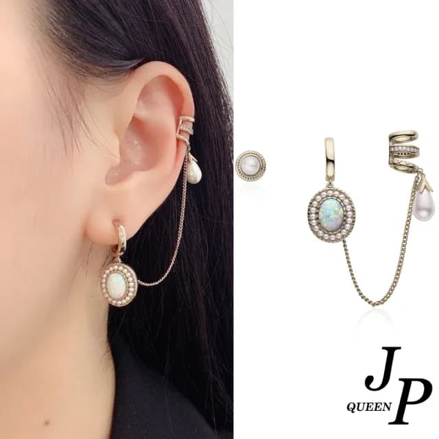 【Jpqueen】萬花筒珍珠橢圓花漾復古歐風垂墜耳環(2色可選)