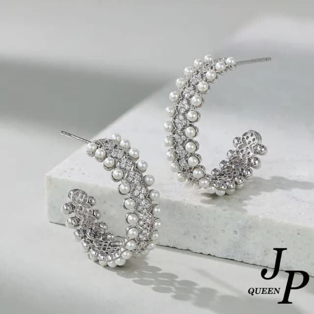【Jpqueen】半圈花蕾法式優雅水鑽珍珠晚宴耳環(銀色)