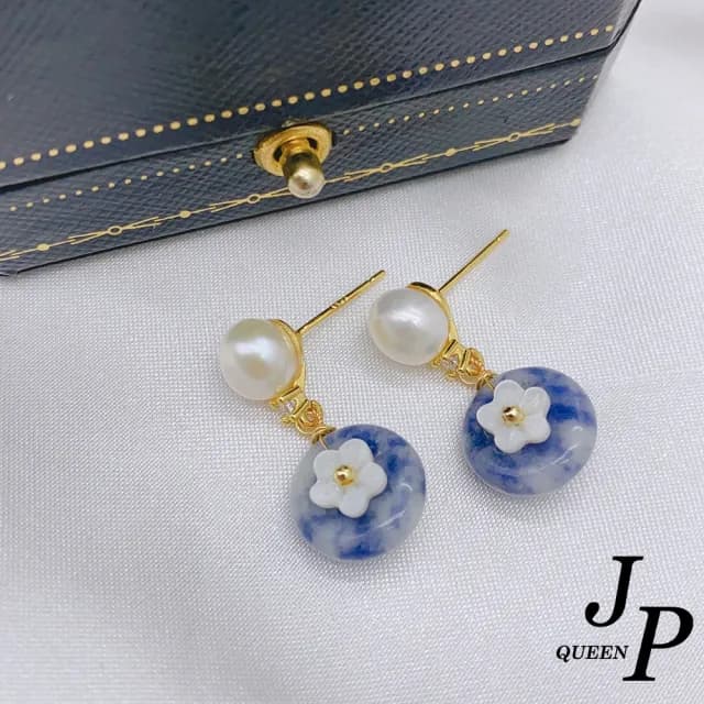 【Jpqueen】彩霧天然石復古白花珍珠垂墜耳環(6色可選)