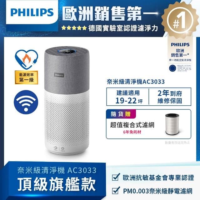 【Philips 飛利浦】奈米級空氣清淨機★適用22坪(AC3033)