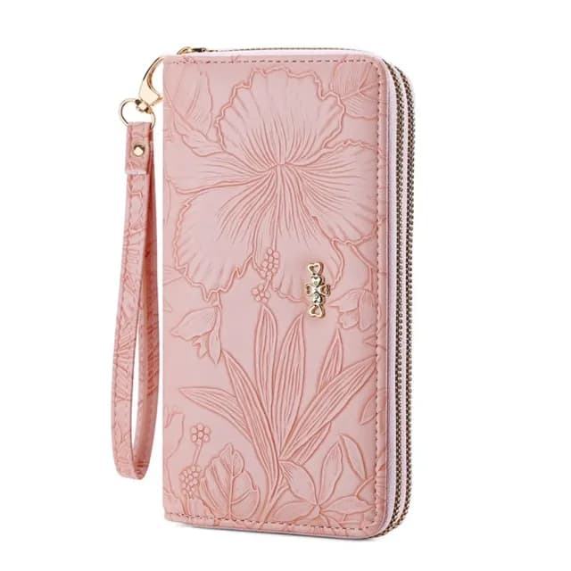 【輕旅行】日系高級感粉嫩壓花長夾錢夾(多格分類 大容量 手拿包 皮夾 零錢 大鈔 女士錢包)