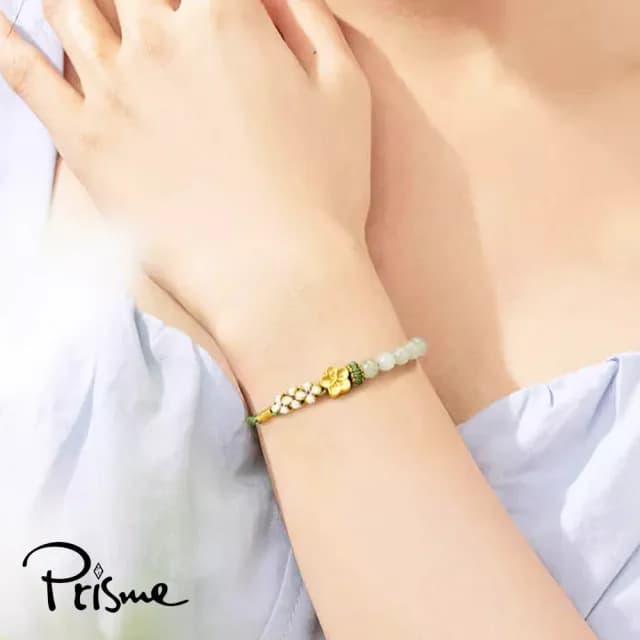 【Prisme】黃金手鍊 桃花 綠串珠編織手鍊(金重：約0.08錢±0.03)