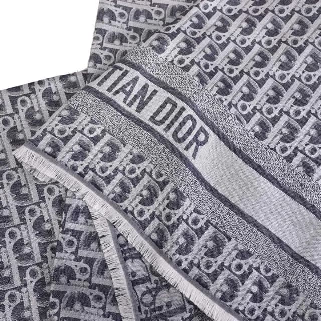 【Dior 迪奧】Oblique 經典品牌LOGO緹花羊毛絲綢混紡披肩長圍巾(深藍)