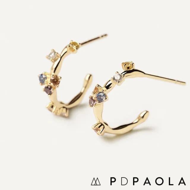 【PD PAOLA】西班牙時尚潮牌 五色彩寶 簡約C型小圓耳環 金色 FIVE(925純銀)