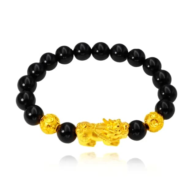 【金喜飛來】黃金手鍊貔貅雙金錢珠8mm黑瑪瑙(0.39錢±0.03)