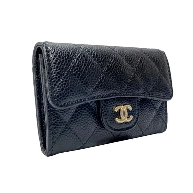 【CHANEL 香奈兒】AP0214 經典雙C金LOGO 菱格紋牛皮扣式零錢包/卡片夾(黑色)
