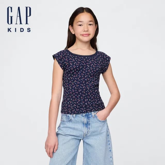 【GAP】女童裝 純棉圓領短袖針織衫-海軍藍印花(780420)