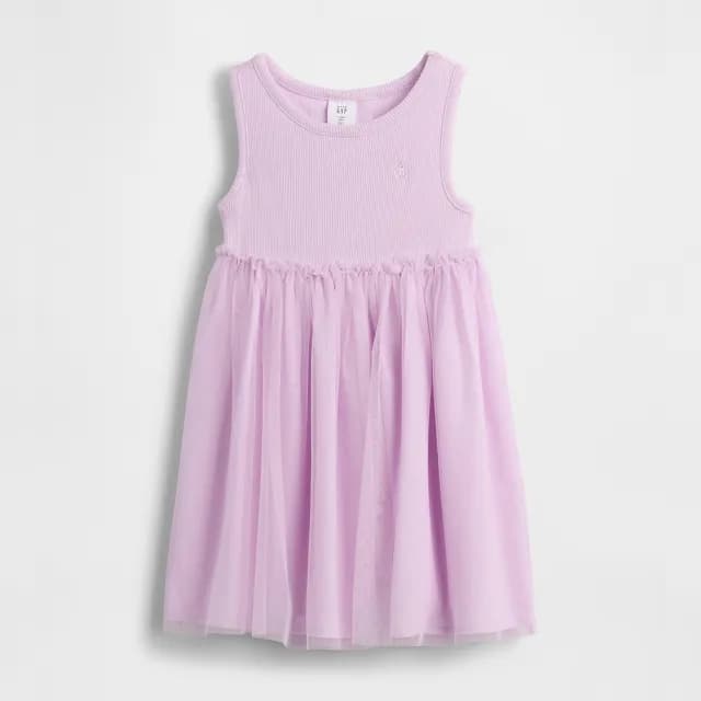 【GAP】女幼童裝 純棉小熊刺繡圓領無袖紗裙洋裝-紫色(776628)