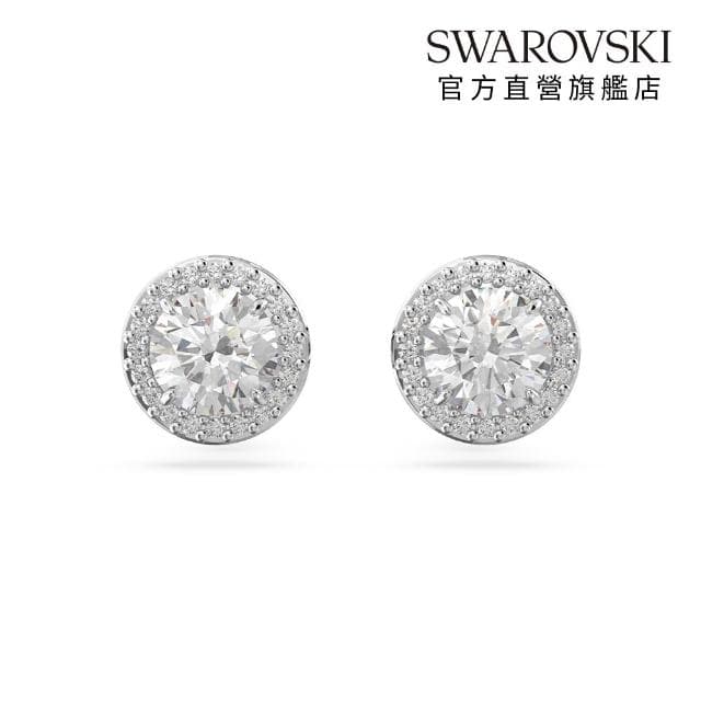 【SWAROVSKI 官方直營】Una Angelic 耳釘 圓形切割 密鑲 白色 鍍白金色
