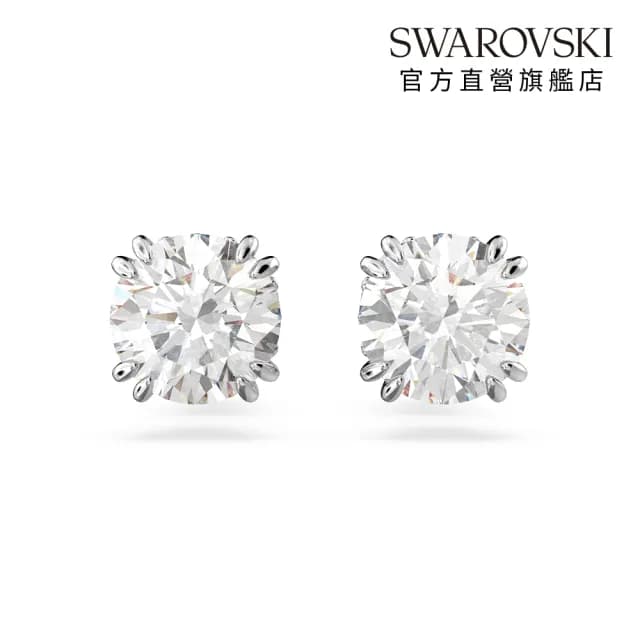 【SWAROVSKI 施華洛世奇】Stilla 耳釘 圓形切割 白色 鍍白金色