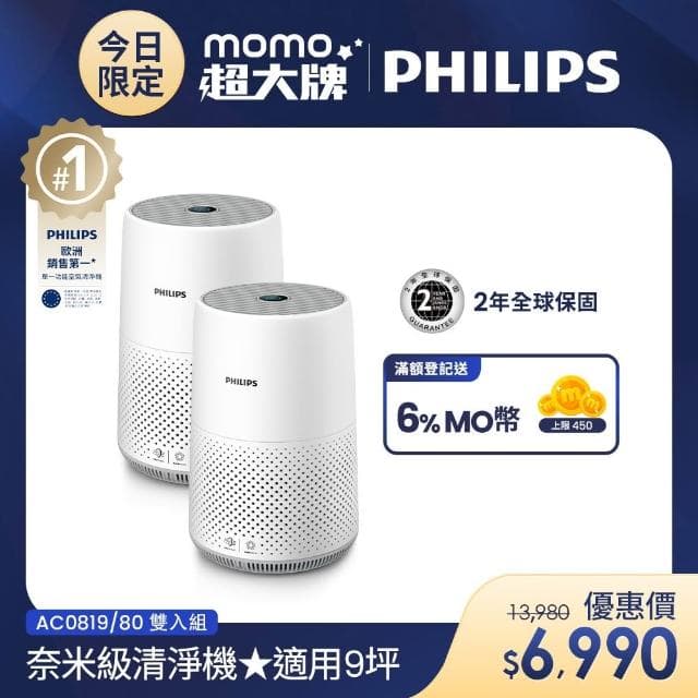【Philips 飛利浦】買一送一 奈米級空氣清淨機 雙入組(AC0819)