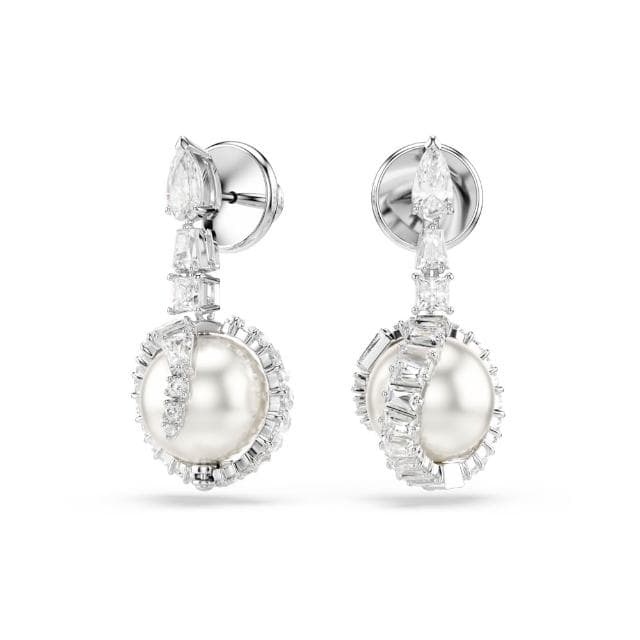 【SWAROVSKI 官方直營】Snake 水滴形耳環 水晶珍珠 混合式切割 蛇年 白色 鍍白金色