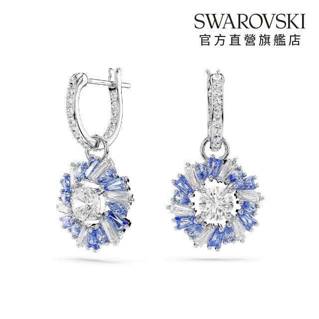 【SWAROVSKI 官方直營】Idyllia 水滴形耳環 混合式切割 花朵 藍色 鍍白金色