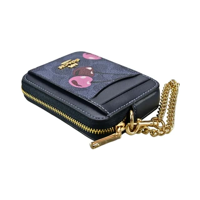 【COACH】C LOGO PVC鏈帶方型卡夾零錢包(櫻桃印花/丹寧藍)