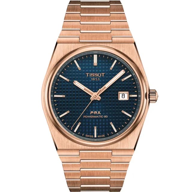 【TISSOT 天梭 官方授權】PRX 70年代復刻機械錶-午夜藍x玫瑰金 送禮 推薦(T1374073304100)