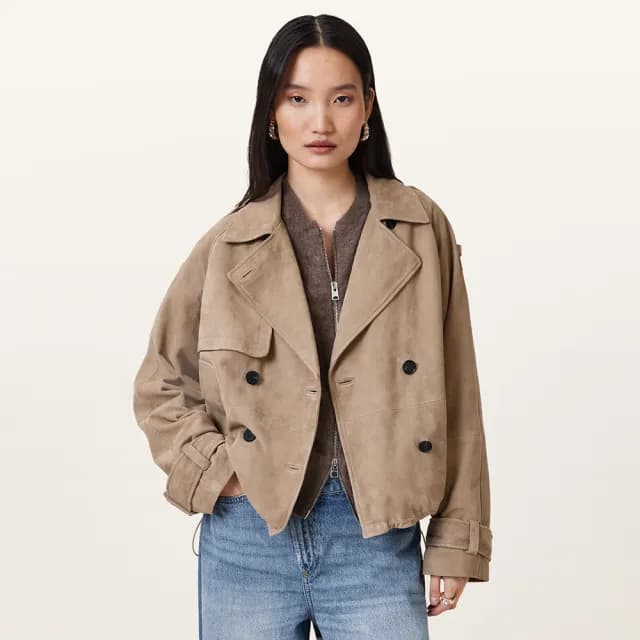 【ALLSAINTS】REYA 短版寬鬆羊皮麂皮皮衣風衣 W025LC(舒適版型)