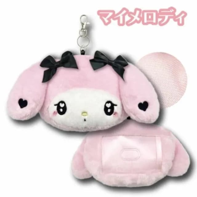 【小禮堂】Sanrio 三麗鷗 絨毛大臉伸縮票卡零錢包 愛心眼蝴蝶結款 Kitty 美樂蒂 酷洛米 大耳狗(平輸品)