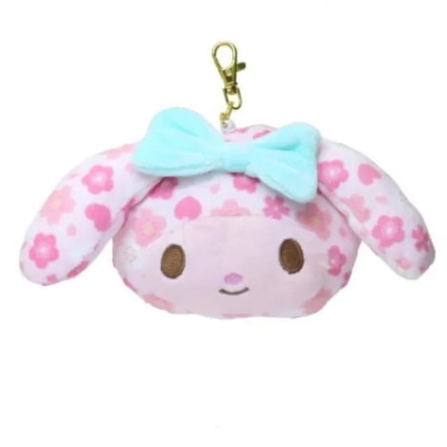 【小禮堂】Sanrio 三麗鷗 絨毛大臉伸縮票卡零錢包吊飾 櫻花款 Kitty 美樂蒂 酷洛米(平輸品)