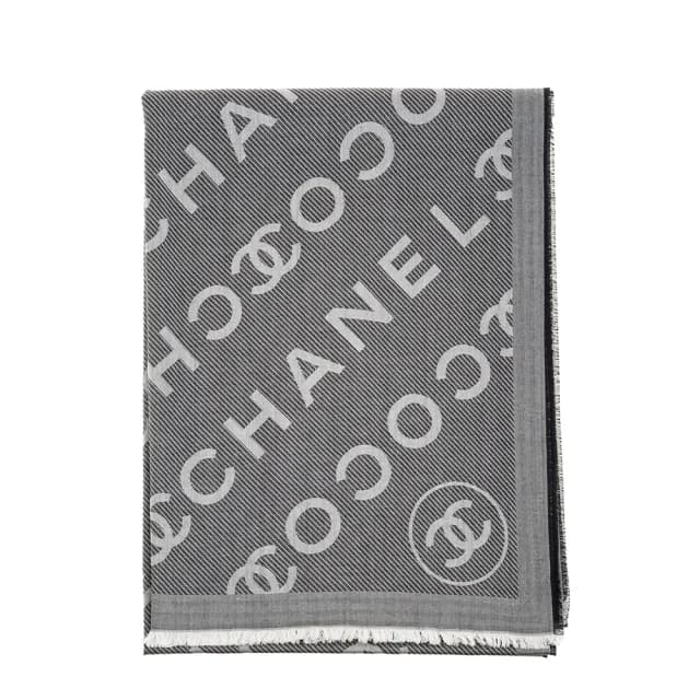 【CHANEL 香奈兒】新款CHANEL COCO標誌撞色大款羊毛圍巾(灰色)