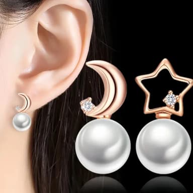 【I.Dear Jewelry】星月之戀-韓系浪漫不對稱星星月亮珍珠耳針耳環(耳環女 珍珠耳環 玫瑰金耳環)