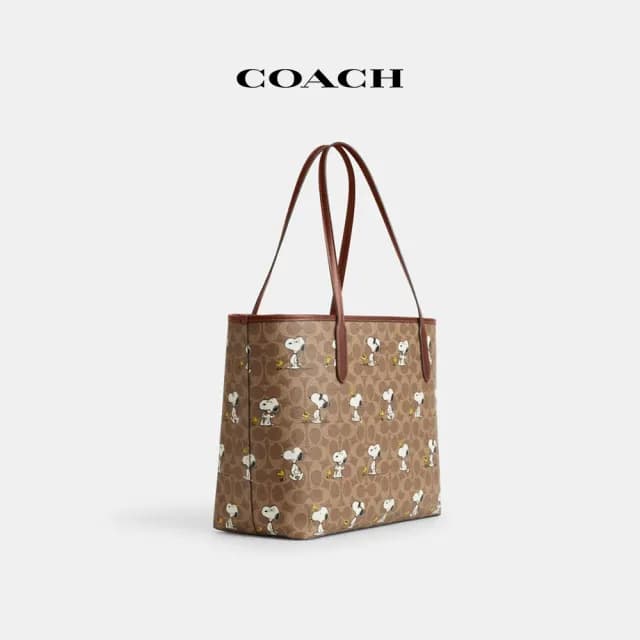 【COACH】蔻馳官方直營 COACH X PEANUTS CITY經典Logo SNOOPY印花托特手袋-IM/棕黃色/棕色 混合色(CBJ89)