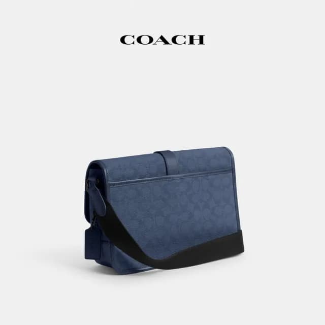 【COACH】蔻馳官方直營 LEAGUE經典Logo郵差包 騎行手袋 騎行包 斜背包-水洗布藍色(CU041)