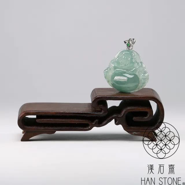 【漢石齋】情人節禮物 天然翡翠A貨 彌勒佛白18K金墜頭玉佩吊墜 冰種藍水(28*24*6mm)
