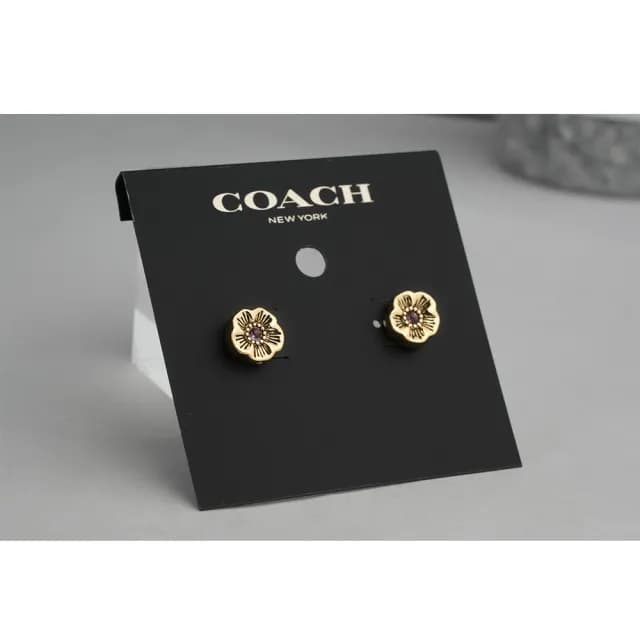 【COACH】茶玫瑰造型針式耳環(金色)