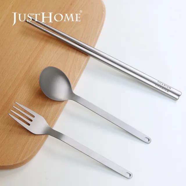 【Just Home】純鈦極輕量筷子/叉子/湯匙餐具2件組-3款可選(湯匙/餐匙/筷子/餐具/登山餐具/露營餐具)