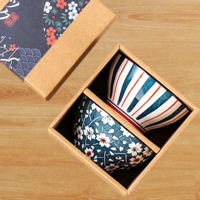 【渥思】藍調花語陶瓷碗2入禮盒組(餐具 瓷器碗盤 飯碗 入厝禮 一盒2入碗)