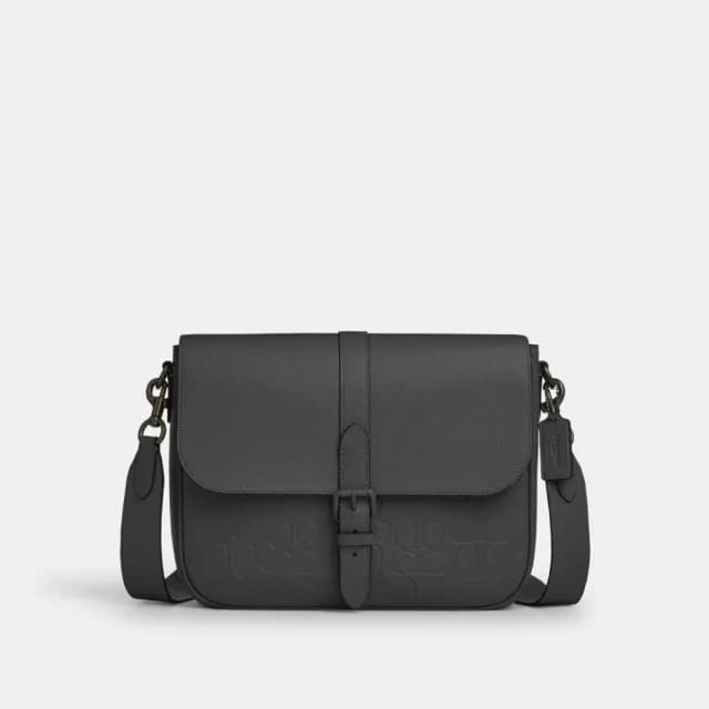 【COACH】蔻馳官方直營 WARNER經典Logo皮革郵差包-1J/木炭灰色(CAJ81)